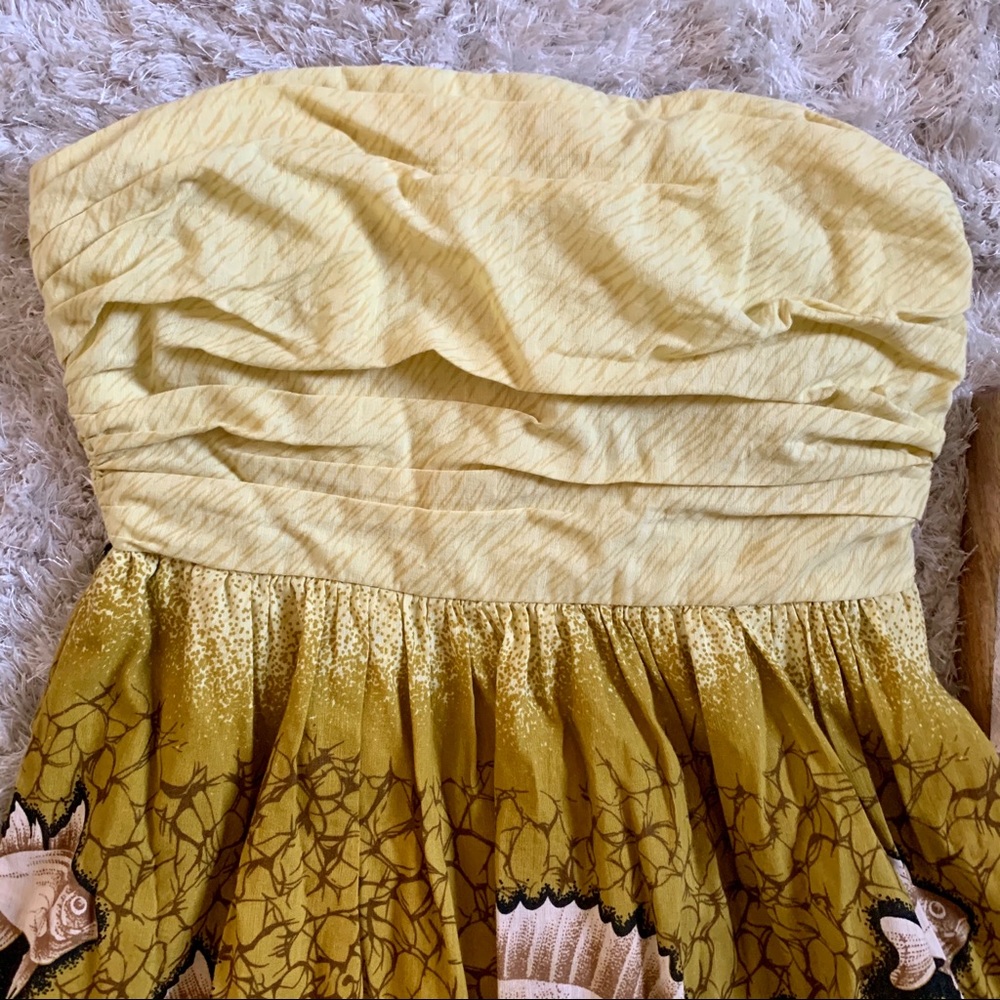 Anthropologie Strapless Yellow Green Fish-Print Dress - Picture 4 of 10